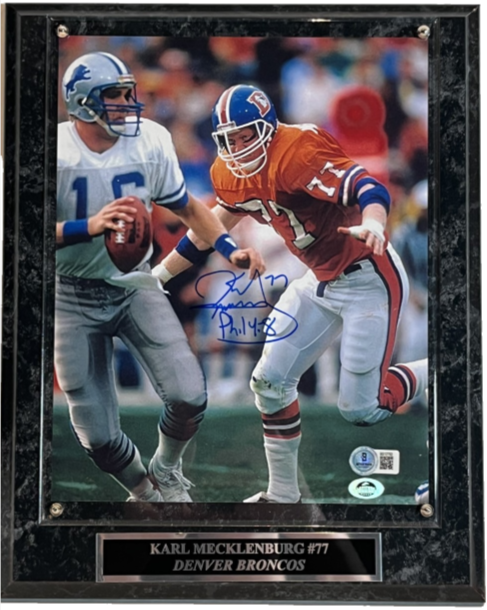 Karl Mecklenburg Autographed/Inscribed Denver Broncos 8x10 Photo With Plaque BAS COA - Latitude Sports Marketing