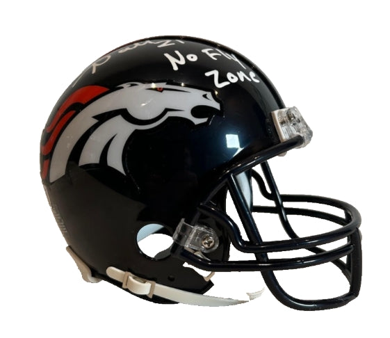Aqib Talib Autographed & Inscribed "No Fly Zone" Navy Denver Broncos Mini Helmet BAS COA - Latitude Sports Marketing
