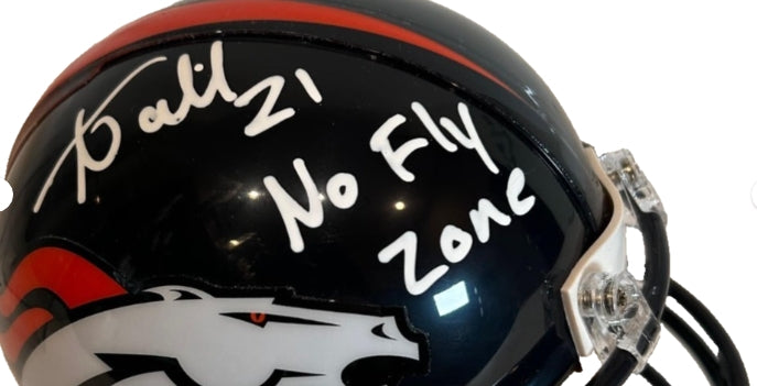 Aqib Talib Autographed & Inscribed "No Fly Zone" Navy Denver Broncos Mini Helmet BAS COA - Latitude Sports Marketing