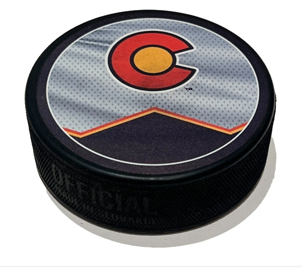 Colorado Avalanche Hockey Puck - Colorado Flag/Burgandy Jersey Graphics