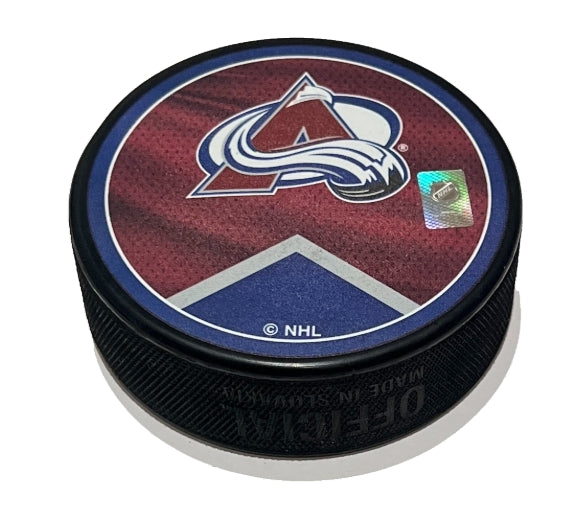 Colorado Avalanche Hockey Puck - Colorado Flag/Burgandy Jersey Graphics - Latitude Sports Marketing