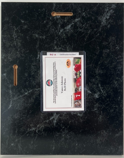 Vance Johnson Autographed 8x10 Photo Inscribed "God Bless" with Plaque JSA COA