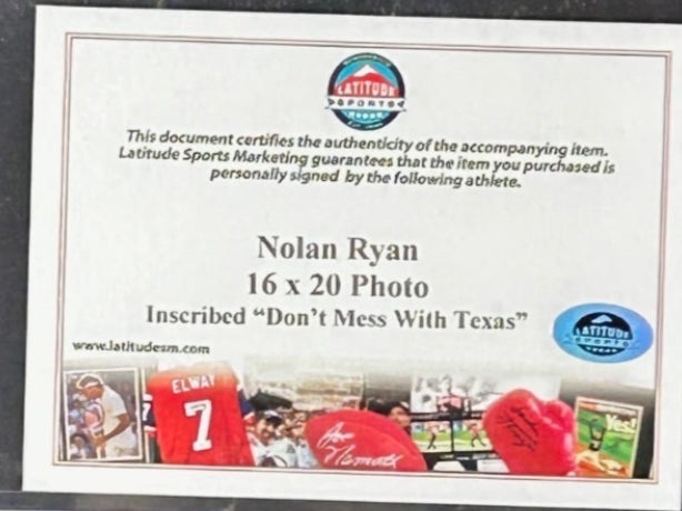 Nolan Ryan Autographed/Inscribed "Don't Mess with Texas" 16x20 Photo Tri-Star