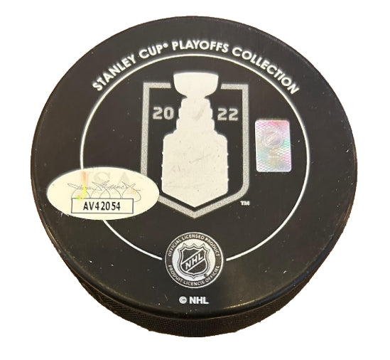 Logan O'Connor Autographed & Inscribed '22 SC Champ' Stanley Cup Champions Puck JSA COA - Latitude Sports Marketing