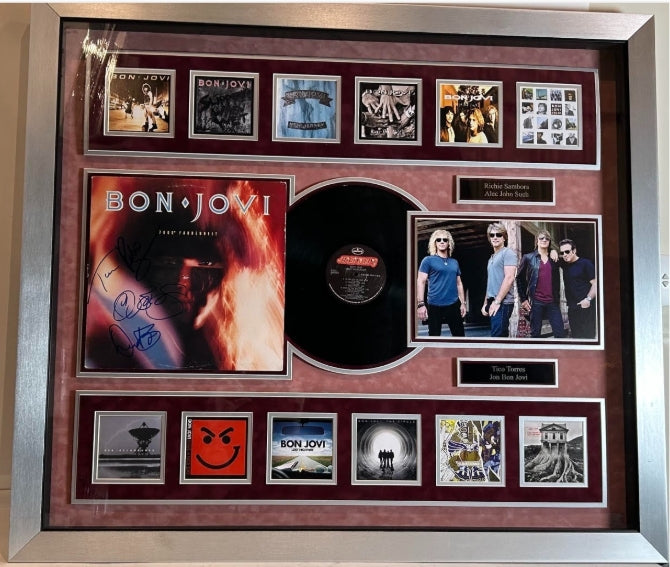 Bon Jovi 4x Autographed 7800 Fahrenheit Album Collage Framed 41" x 35.5" JSA LOA - Latitude Sports Marketing