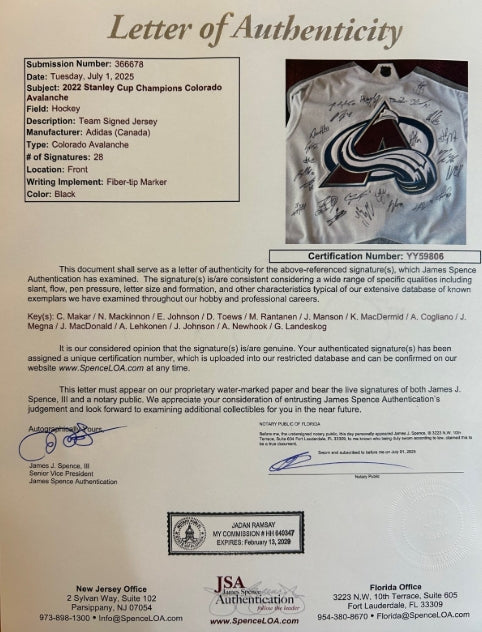 2022 Stanley Cup Champions Colorado Avalanche Team Signed Jersey JSA Letter of Authenticity