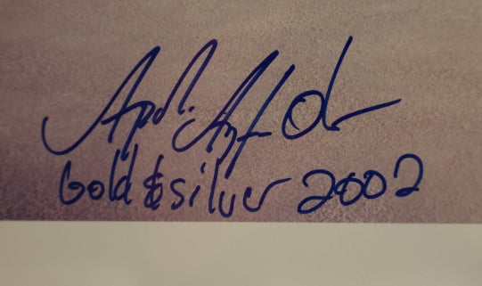 Apollo Anton Ohno Autographed/Inscribed "Gold & Silver 2002" Salt Lake City 2002 Winter Olympics 18x13 Photo JSA COA - Latitude Sports Marketing