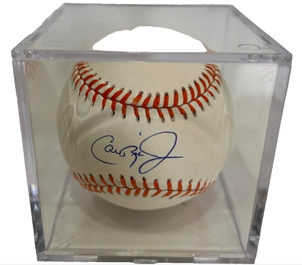 Cal Ripken, Jr. Autographed Official American League Baseball — Ironman Logo (2130-2131) | COA Golden Sports | Plexiglass Cube Display
