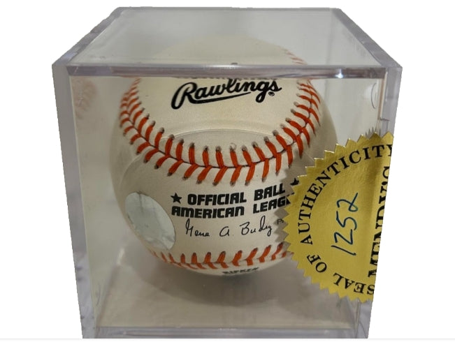 Cal Ripken, Jr. Autographed Official American League Baseball — Ironman Logo (2130-2131) | COA Golden Sports | Plexiglass Cube Display