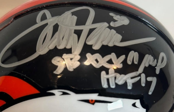 Terrell Davis Autographed/Inscribed SB XXXII MVP & HOF 17 Broncos Mini Helmet - BAS COA - Latitude Sports Marketing
