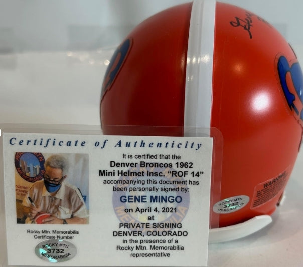 Gene Mingo Autographed/Inscribed ROF14 Denver Broncos 1962 Mini Helmet RMM COA - Latitude Sports Marketing