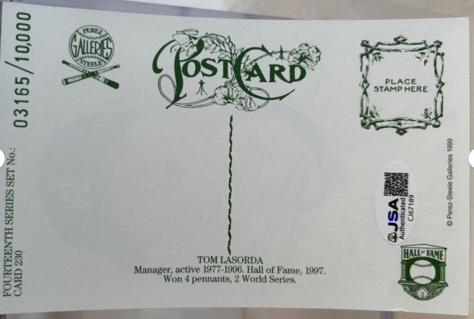 Tom Lasorda Autographed Perez-Steele Postcard 14th Series Card #230 JSA COA - Latitude Sports Marketing