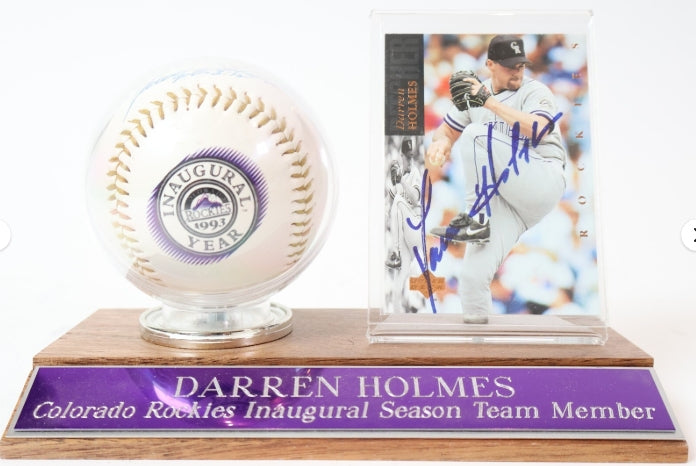 Darren Holmes Autographed 1993 Colorado Rockies Inaugural Season Baseball and Card JSA COA with Display and Nameplate - Latitude Sports Marketing