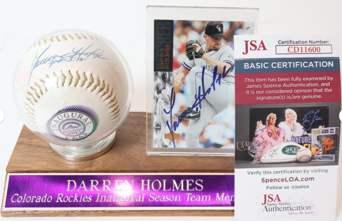 Darren Holmes Autographed 1993 Colorado Rockies Inaugural Season Baseball and Card JSA COA with Display and Nameplate - Latitude Sports Marketing