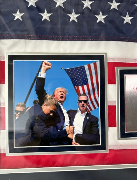 Donald J. Trump Framed Collage w/ Flag & Photos and Butler Eagle w/Fax Signature