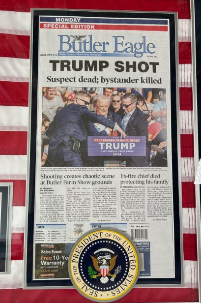 Donald J. Trump Framed Collage w/ Flag & Photos and Butler Eagle w/Fax Signature