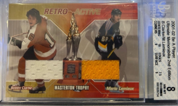 2001-02 Be A Player BAP Retro Active Masterton Trophy Bobby Clarke & Mario Lemieux Beckett NM-MT 8