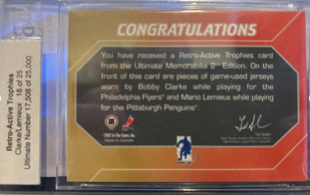 2001-02 Be A Player BAP Retro Active Masterton Trophy Bobby Clarke & Mario Lemieux Beckett NM-MT 8