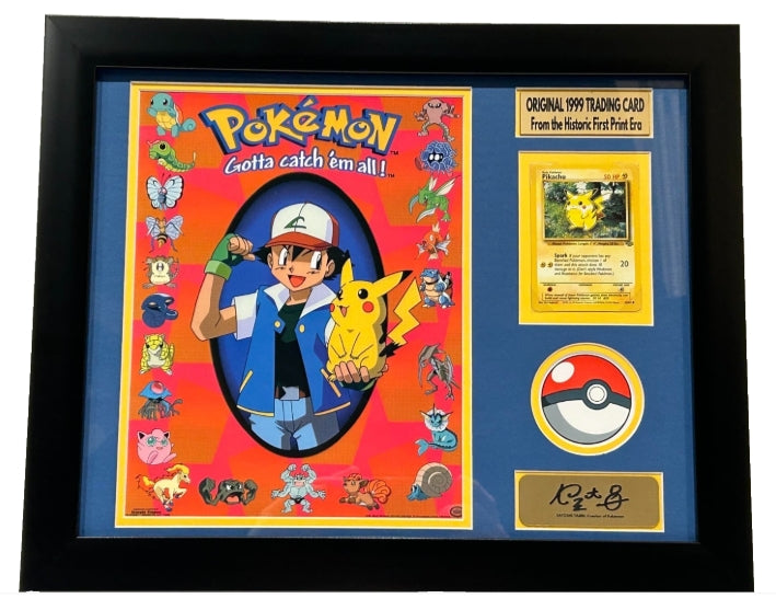 Pokémon Collage with Original 1999 Pikachu 50 HP Trading Card (14" x 18" Frame) with Satoshi Tajiri Laser Signature