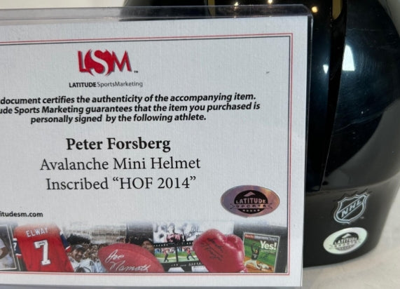 Peter Forsberg Autographed/Inscribed "HOF 2014" Black Mini Helmet - Latitude Sports Marketing