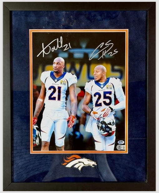 Aqib Talib & Chris Harris Jr. Dual Autographed 11x14 Photo Framed 17.5x21.5 BAS COA - Latitude Sports Marketing