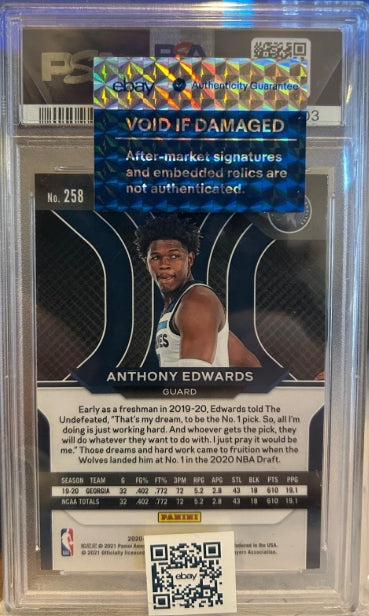 Anthony Edwards Autographed 2020 Panini Prizm #258 PSA/DNA AUTHENTIC AUTO 10 - Latitude Sports Marketing