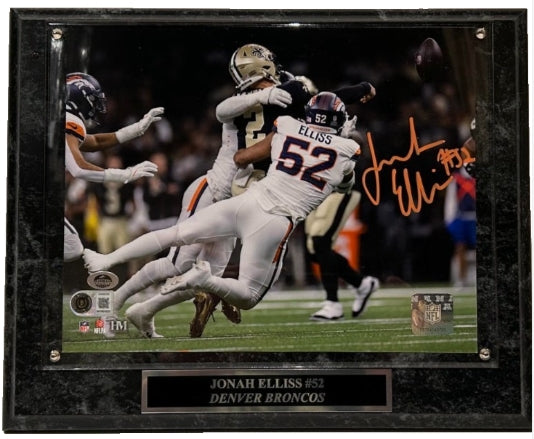 Jonah Elliss Autographed 8x10 Denver Broncos QB Pressure Photo w/ Plaque – BAS COA