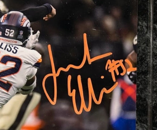 Jonah Elliss Autographed 8x10 Denver Broncos QB Pressure Photo w/ Plaque – BAS COA