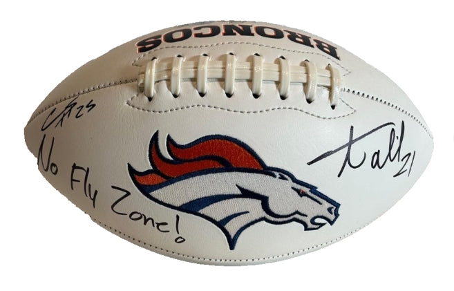 Chris Harris Jr. & Aqib Talib Dual-Signed Denver Broncos White Panel Football – Inscribed "No Fly Zone" w/ 3 SB Logos | BAS COA - Latitude Sports Marketing