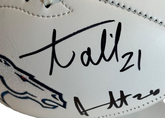 Denver Broncos "No Fly Zone" 4x Signed White Panel Football w/ Super Bowl Logos – BAS COA | Harris, Talib, Ward, Stewart - Latitude Sports Marketing