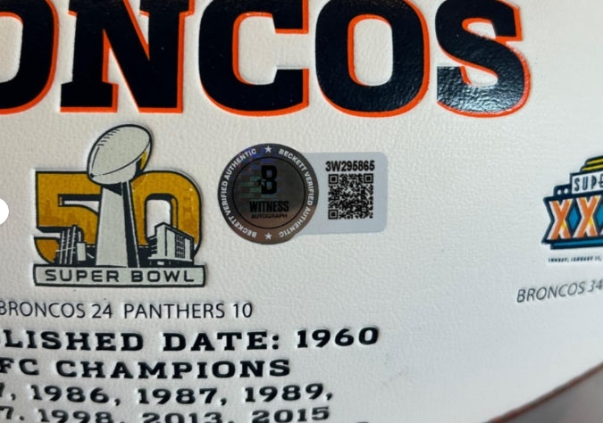 Denver Broncos "No Fly Zone" 4x Signed White Panel Football w/ Super Bowl Logos – BAS COA | Harris, Talib, Ward, Stewart - Latitude Sports Marketing