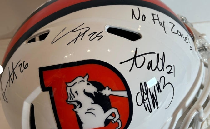 "No Fly Zone" 4x Autographed Denver Broncos Snowcapped Replica Helmet – BAS COA - Latitude Sports Marketing