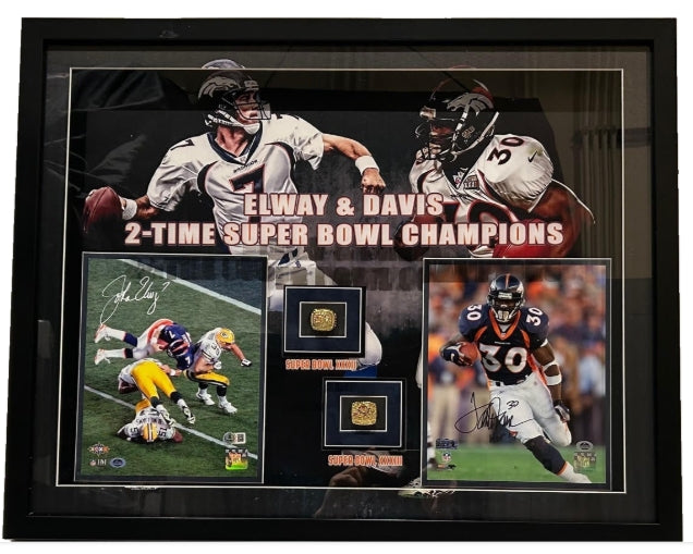 John Elway & Terrell Davis Autographed LED Lighted Shadowbox Collage – Super Bowl XXXII & XXXIII Replica Rings - Latitude Sports Marketing