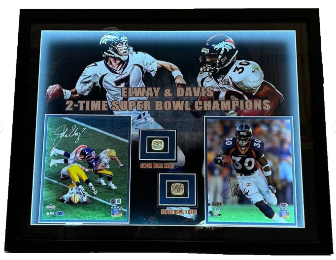 John Elway & Terrell Davis Autographed LED Lighted Shadowbox Collage – Super Bowl XXXII & XXXIII Replica Rings - Latitude Sports Marketing