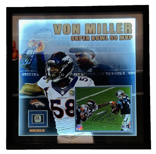 Von Miller Autographed LED Lighted Shadowbox Collage – Super Bowl 50 Strip Sack Photo & Replica Championship Ring (BAS COA) - Latitude Sports Marketing