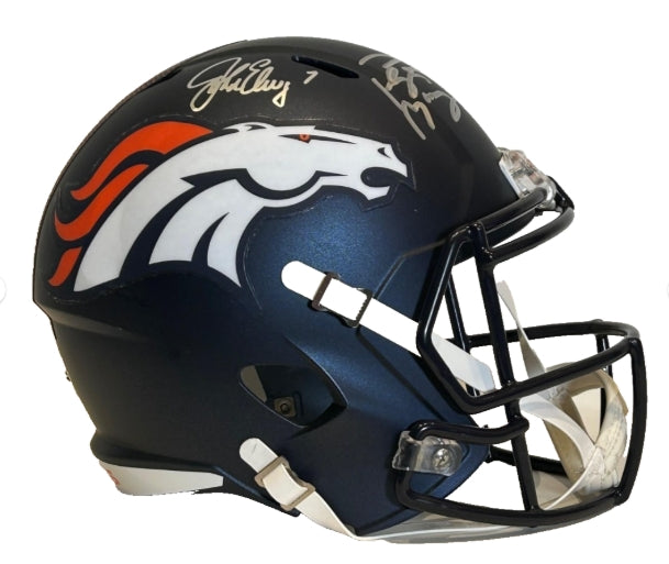 John Elway & Peyton Manning Dual Autographed Broncos Replica Helmet BAS COA & Fanatics COA - Latitude Sports Marketing