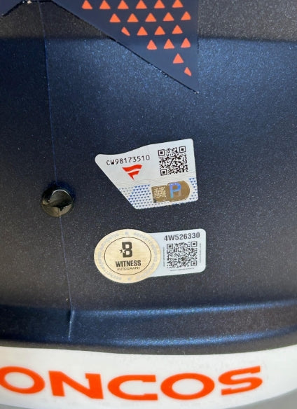John Elway & Peyton Manning Dual Autographed Broncos Replica Helmet BAS COA & Fanatics COA - Latitude Sports Marketing