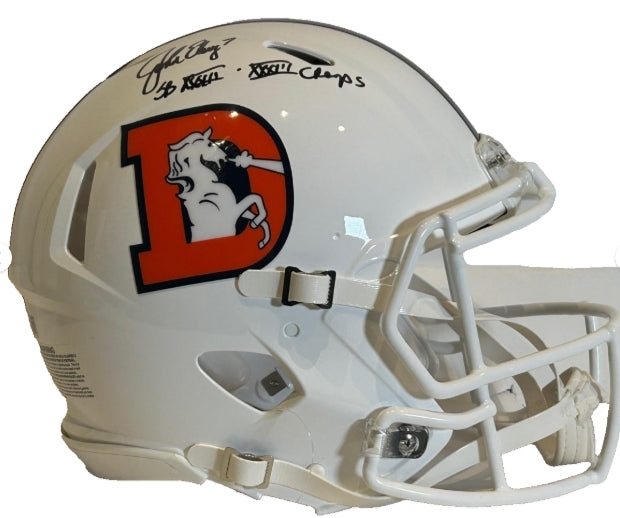 John Elway Autographed/Inscribed "SB XXXII & XXXIII Champs" Pro Snowcapped Helmet BAS COA - Latitude Sports Marketing