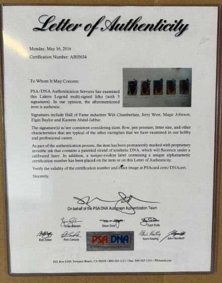 LA Lakers Legends W. Chamberlain, J. West, Magic Johnson, E. Baylor, K. Abdul-Jabbar 5-signature Litho PSA LOA