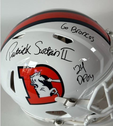 Patrick Surtain II Autographed/2X Inscribed "24 DPOY" and "Go Broncos" Pro Snowcapped Broncos Helmet BAS COA