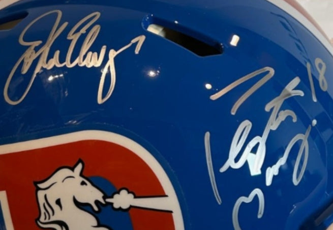 John Elway & Peyton Manning Dual Signed Broncos Throwback Helmet – Fanatics COA