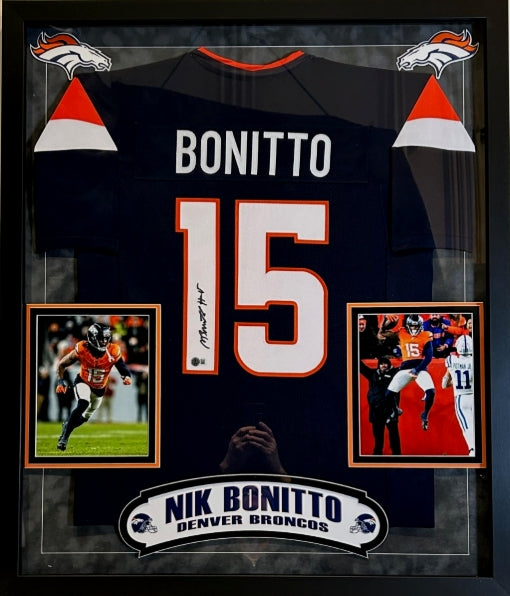 Nik Bonitto Autographed Custom Navy Broncos Jersey Deluxe Framed (34x40) BAS COA - Latitude Sports Marketing