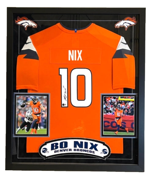 Bo Nix Autographed Nike Orange Broncos Jersey Deluxe Framed (34x30) BAS COA - Latitude Sports Marketing