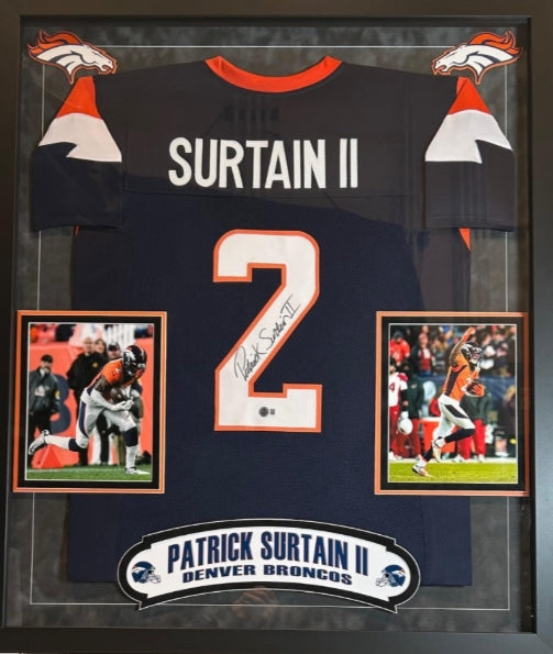 Patrick Surtain II Autographed Custom Navy Broncos Jersey Deluxe Framed Display with BAS COA - Latitude Sports Marketing