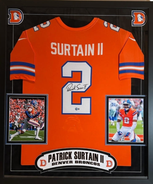 Patrick Surtain II Autographed Nike Broncos Throwback Jersey Deluxe Framed Display with BAS COA - Latitude Sports Marketing
