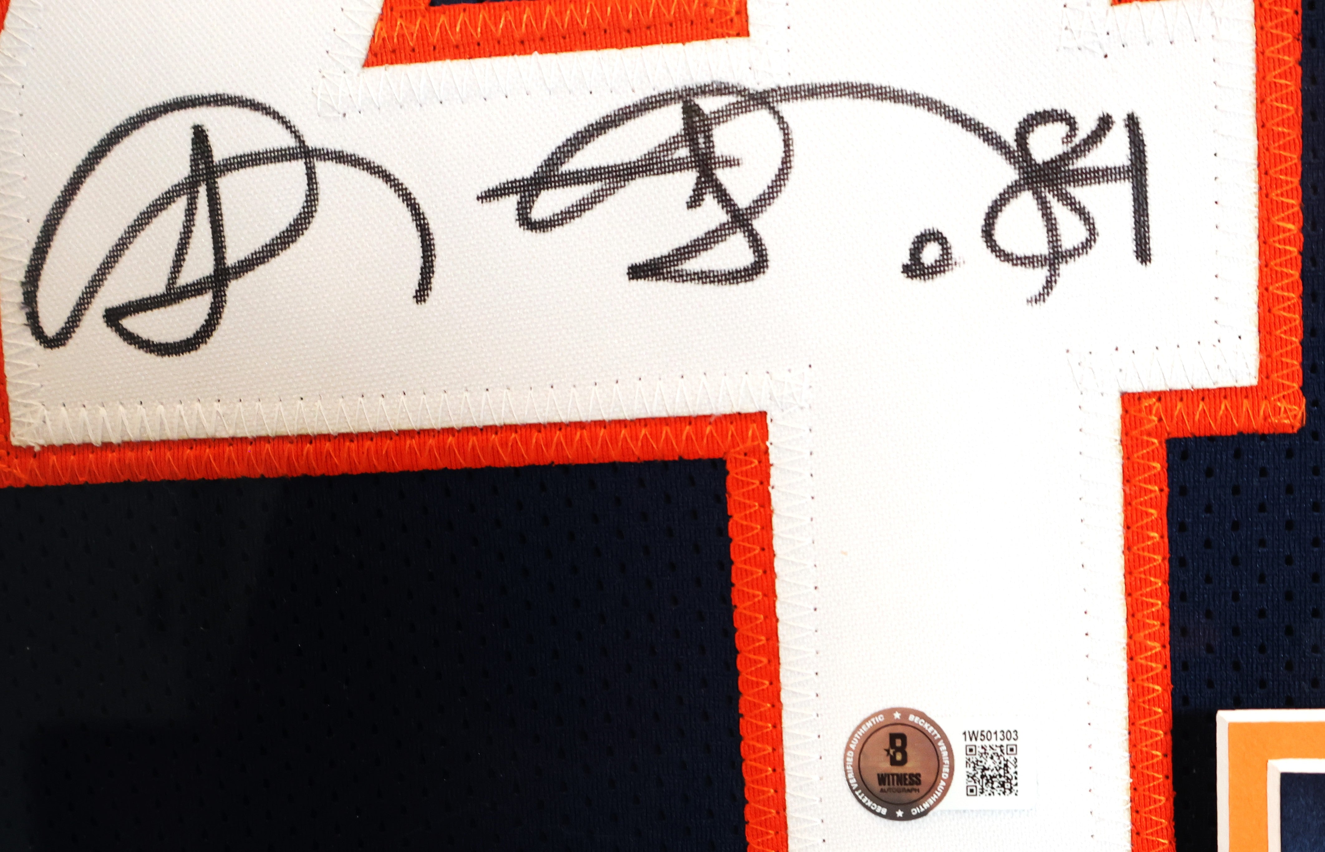 Shannon Sharpe Autographed Custom Navy Broncos Jersey in Deluxe Frame BAS COA