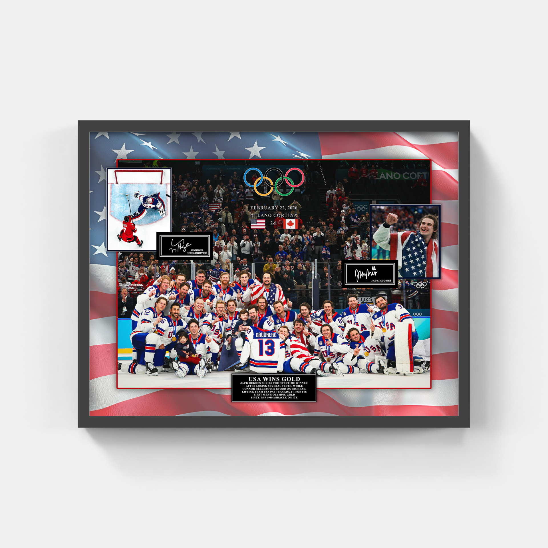 USA Hockey Magic in Milan - 2026 Gold Medal Game On-Ice Photo with Laser Signature & Deluxe Frame (Charity)) - Latitude Sports Marketing