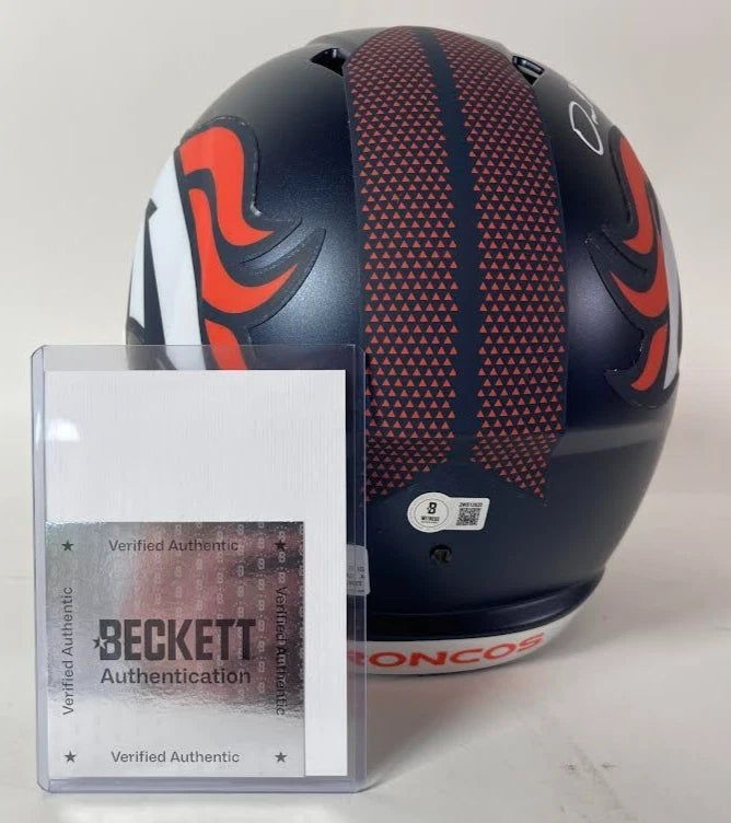 Dre Greenlaw Autographed Denver Broncos Navy Full-Size Replica Helmet - Beckett COA