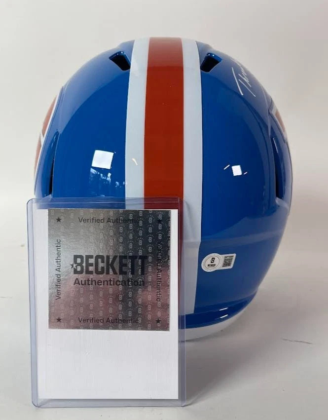 Talanoa Hufanga Autographed Denver Broncos Navy Replica Helmet Inscribed "Throwback to 1977" Beckett