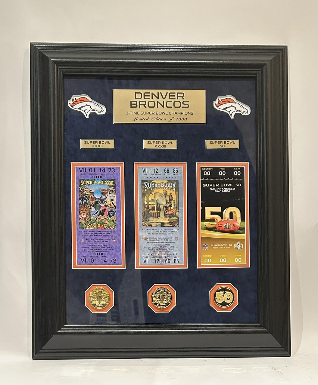 Highland Mint Denver Broncos 3X Super Bowl Champions Tickets & Coins Collage LE/1000